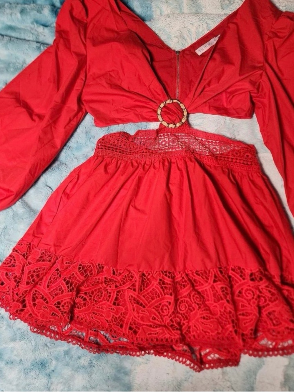 Chicways  Red Two-Piece Lace Trim Crop Top & Skirt Set-EUC